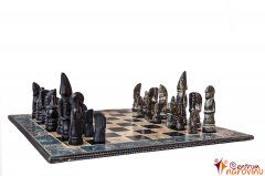 Šachy velké modro-černo-béžové
